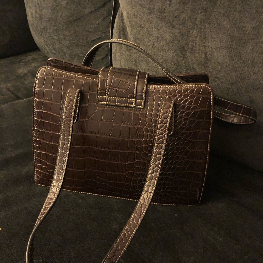 Embellished Croc Embossed Brown Shoulder Bag Silver Accent Purse - Picture 5 of 6